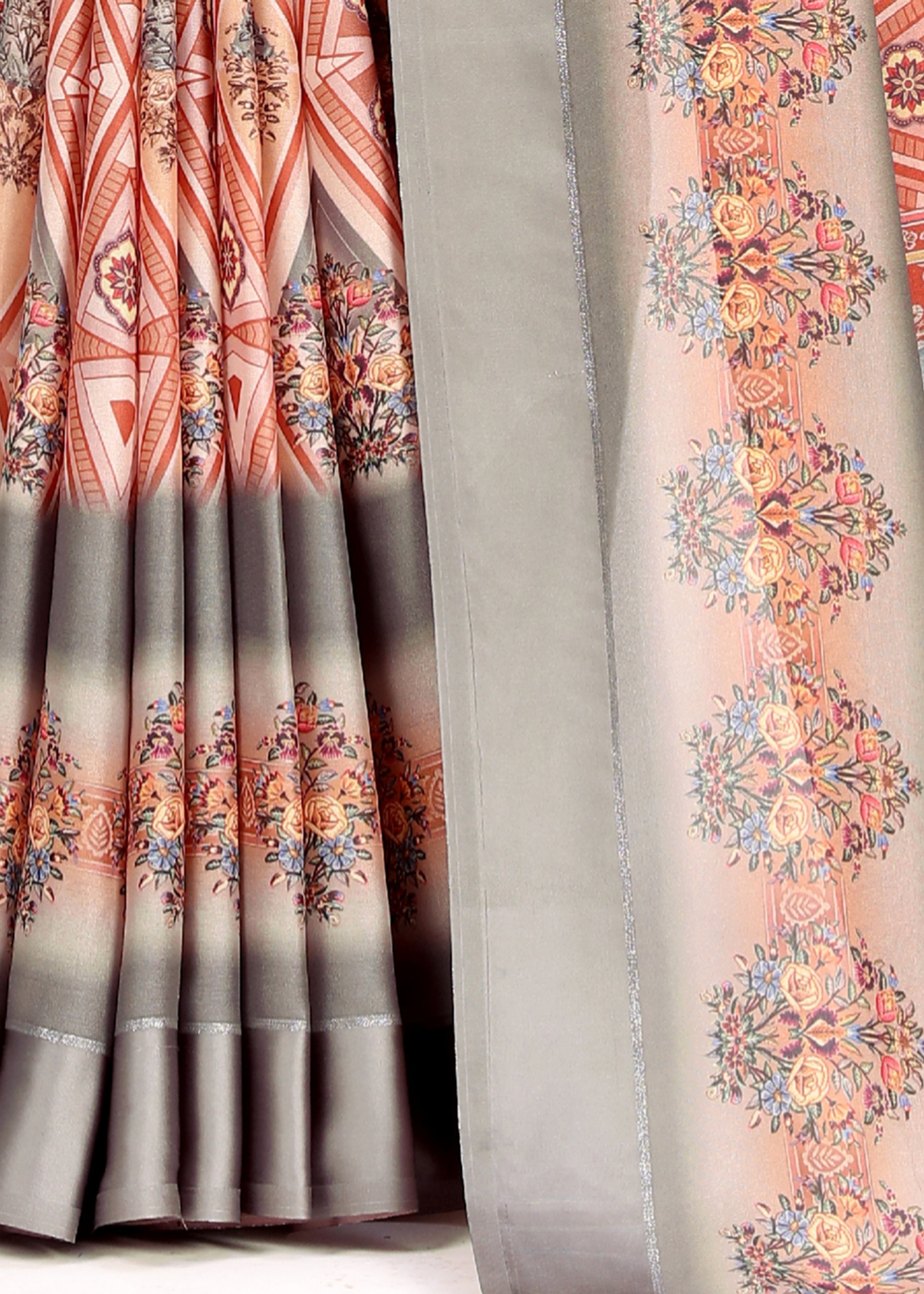 Astonishing Peach Digital Printed Art Satin Party Wear Saree