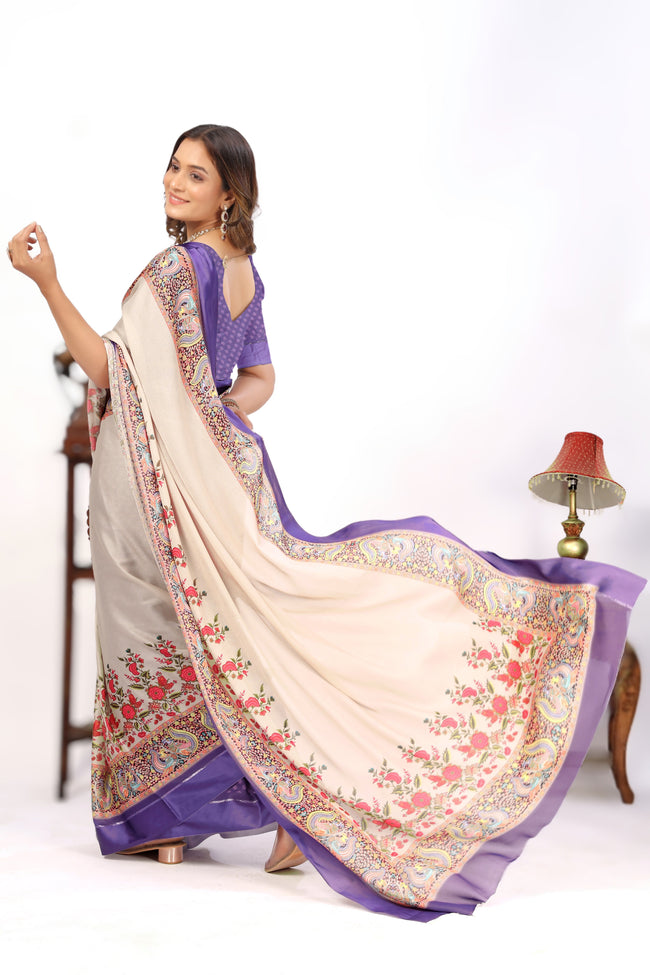 Off White Viscose Satin Digital Print Saree