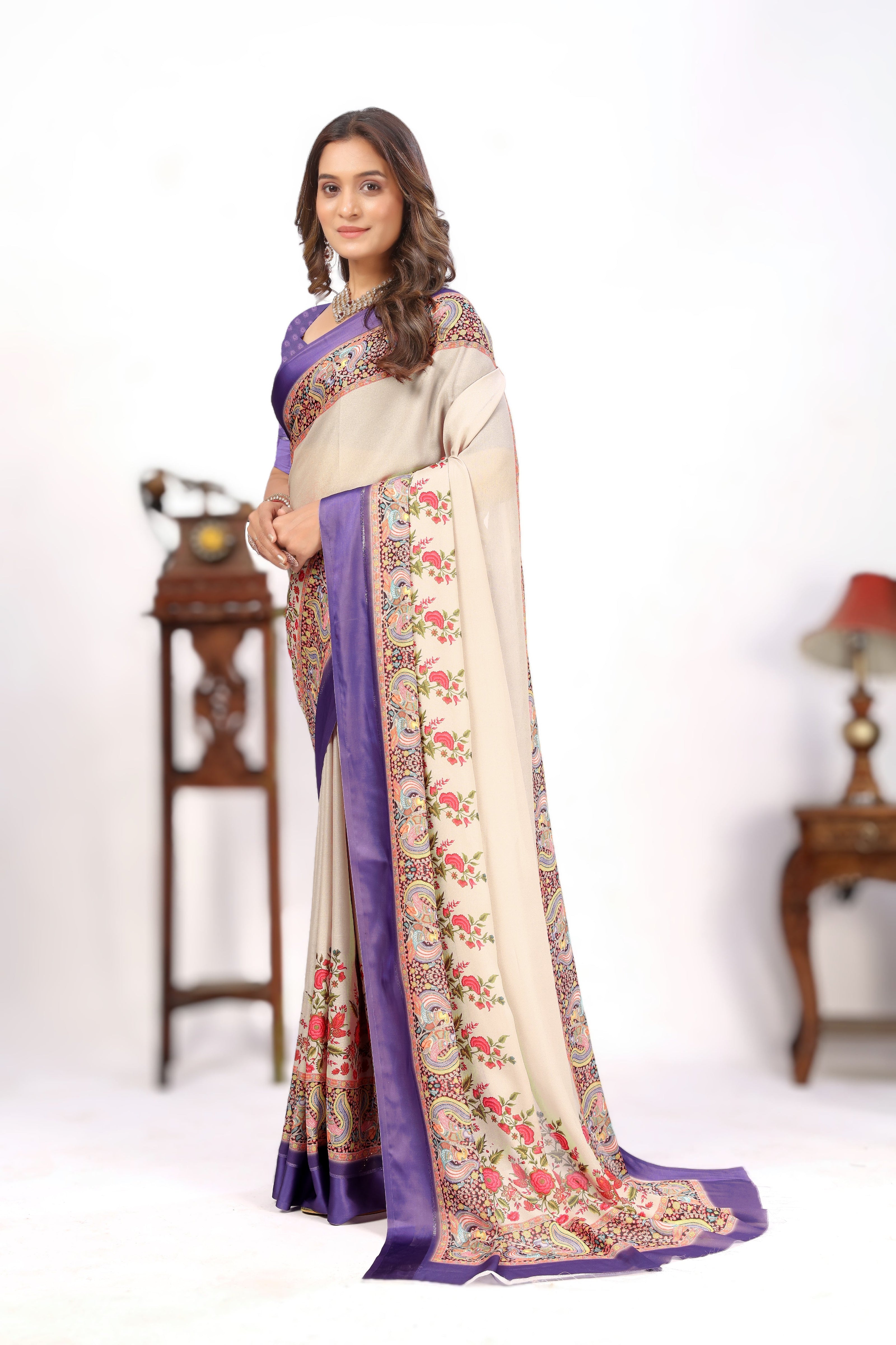 Off White Viscose Satin Digital Print Saree