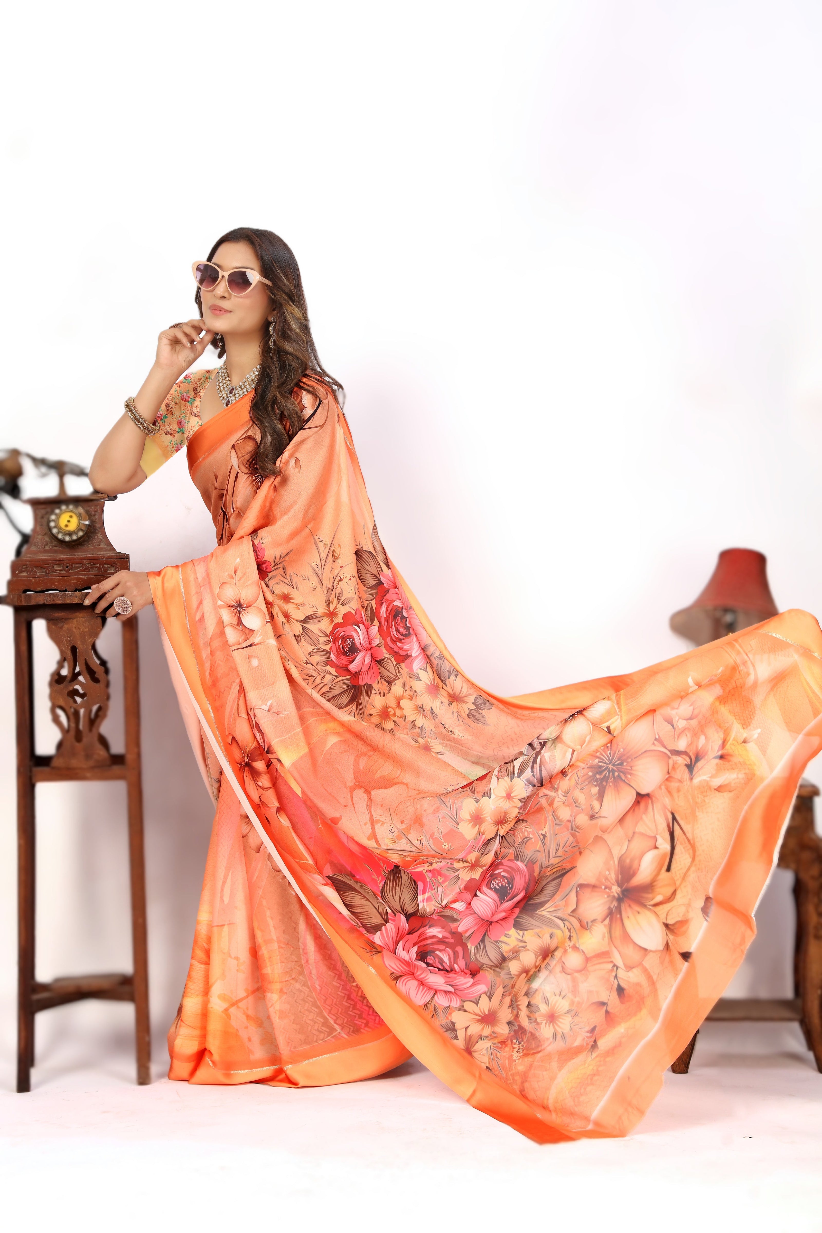 Elegance Peach Soft Satin Saree For Every Occasion