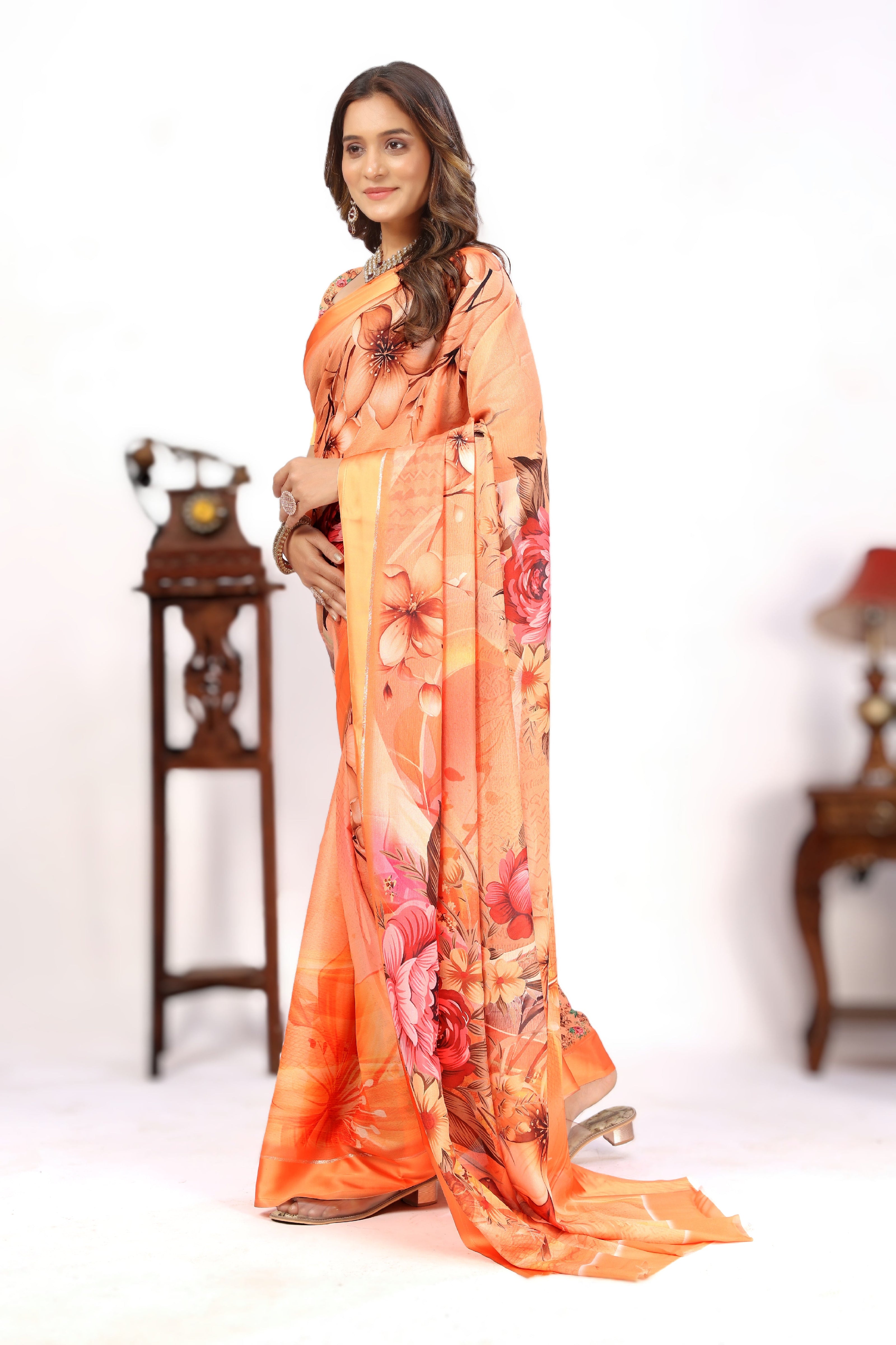 Elegance Peach Soft Satin Saree For Every Occasion