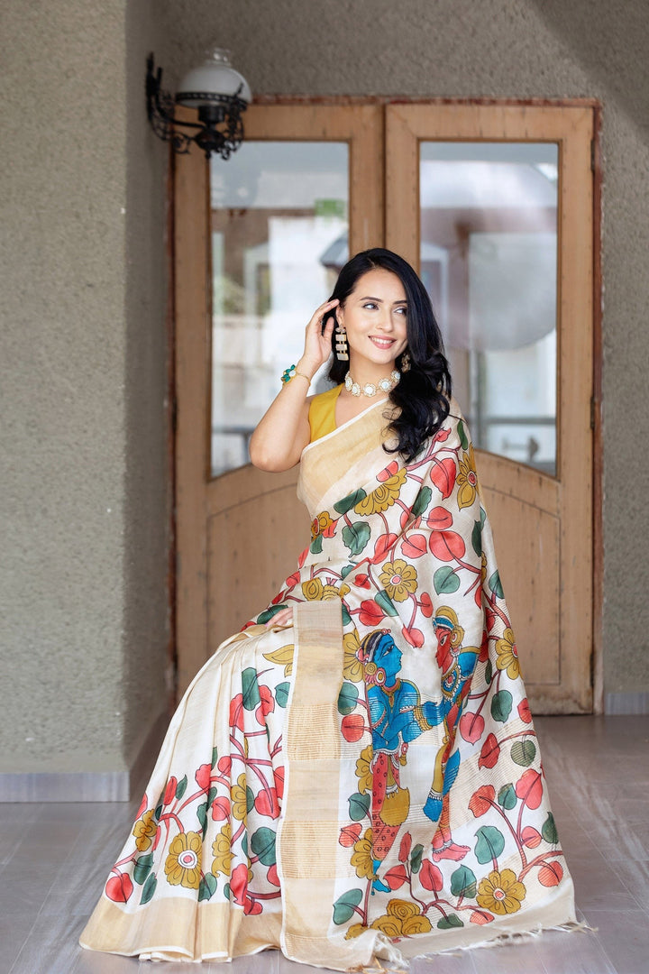 Premium Masterpiece Handloom Powder Cream All Over Pure Tussar Silk Printed Saree