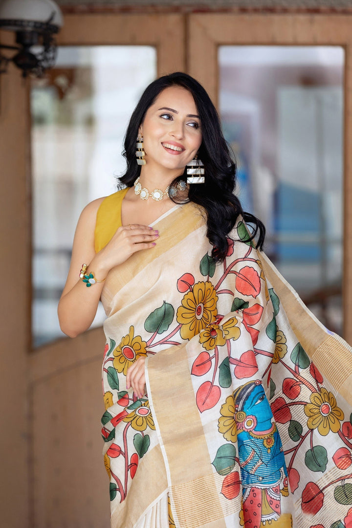 Premium Masterpiece Handloom Powder Cream All Over Pure Tussar Silk Printed Saree