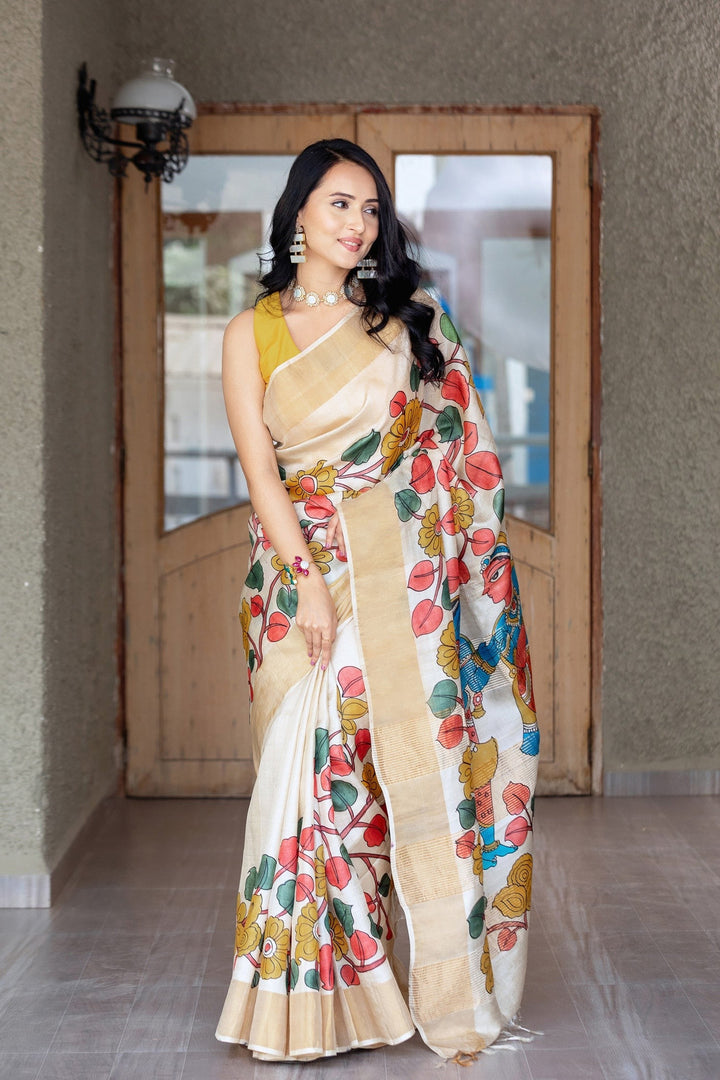 Premium Masterpiece Handloom Powder Cream All Over Pure Tussar Silk Printed Saree