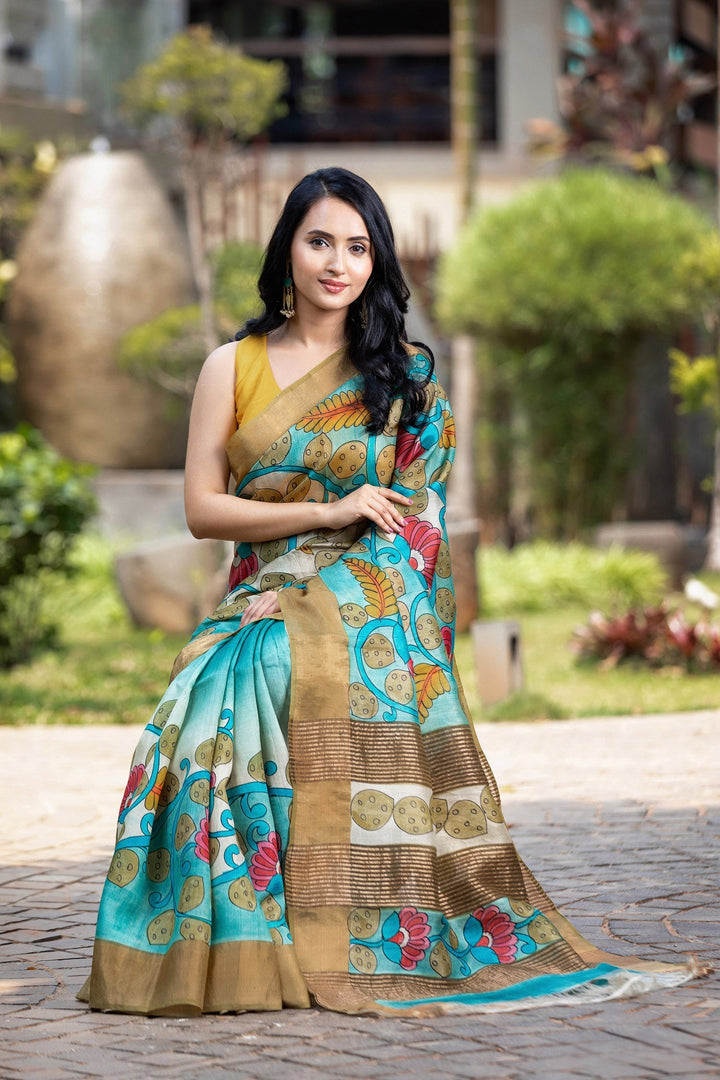 Luxurious Tussar Silk Saree with Unique Kalamkari Impressions