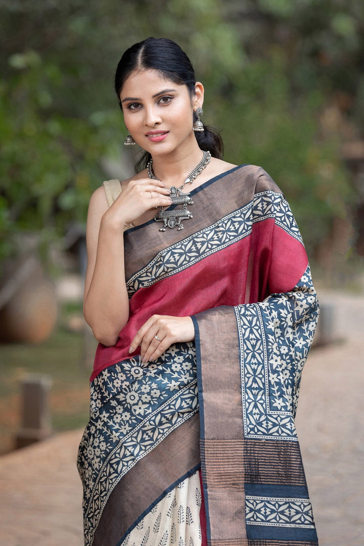 Multi Color Handloom Pure Tussar Silk Kalamkari Saree