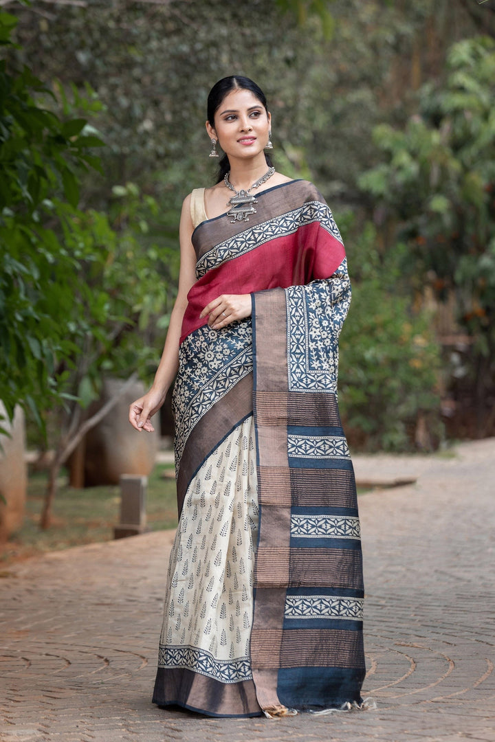 Multi Color Handloom Pure Tussar Silk Kalamkari Saree