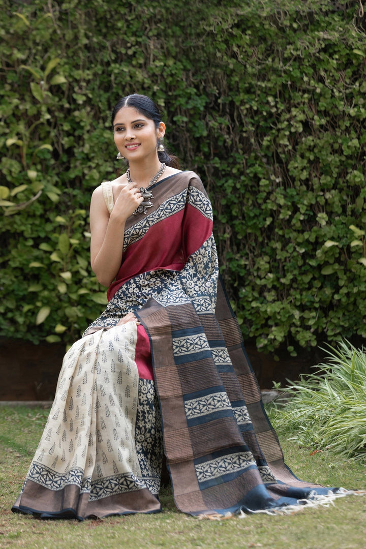 Multi Color Handloom Pure Tussar Silk Kalamkari Saree