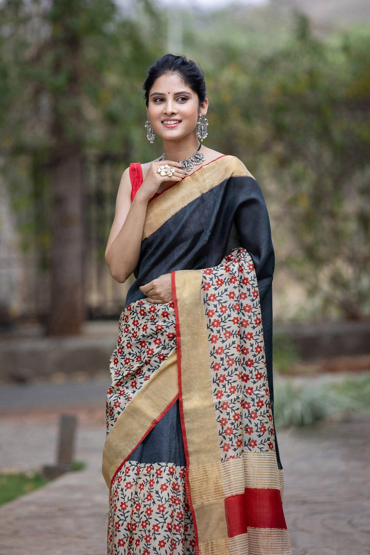 Black Colour Printed Tussar Silk Saree With Unstitched Blouse