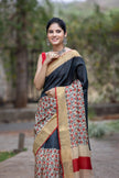 Black Colour Printed Tussar Silk Saree With Unstitched Blouse