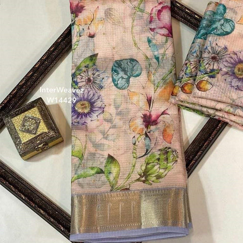 Peach Color Kota Zari Silk Digital Printed Saree