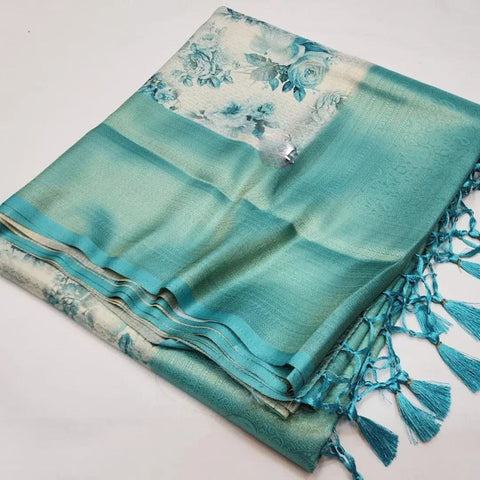 Alluring Cyan Digital Printed Soft Silk Saree For Traditional Style