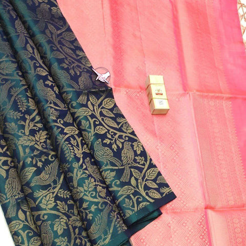 Traditional Treasures Blue Lichi Silk Saree With Kanchi Detail