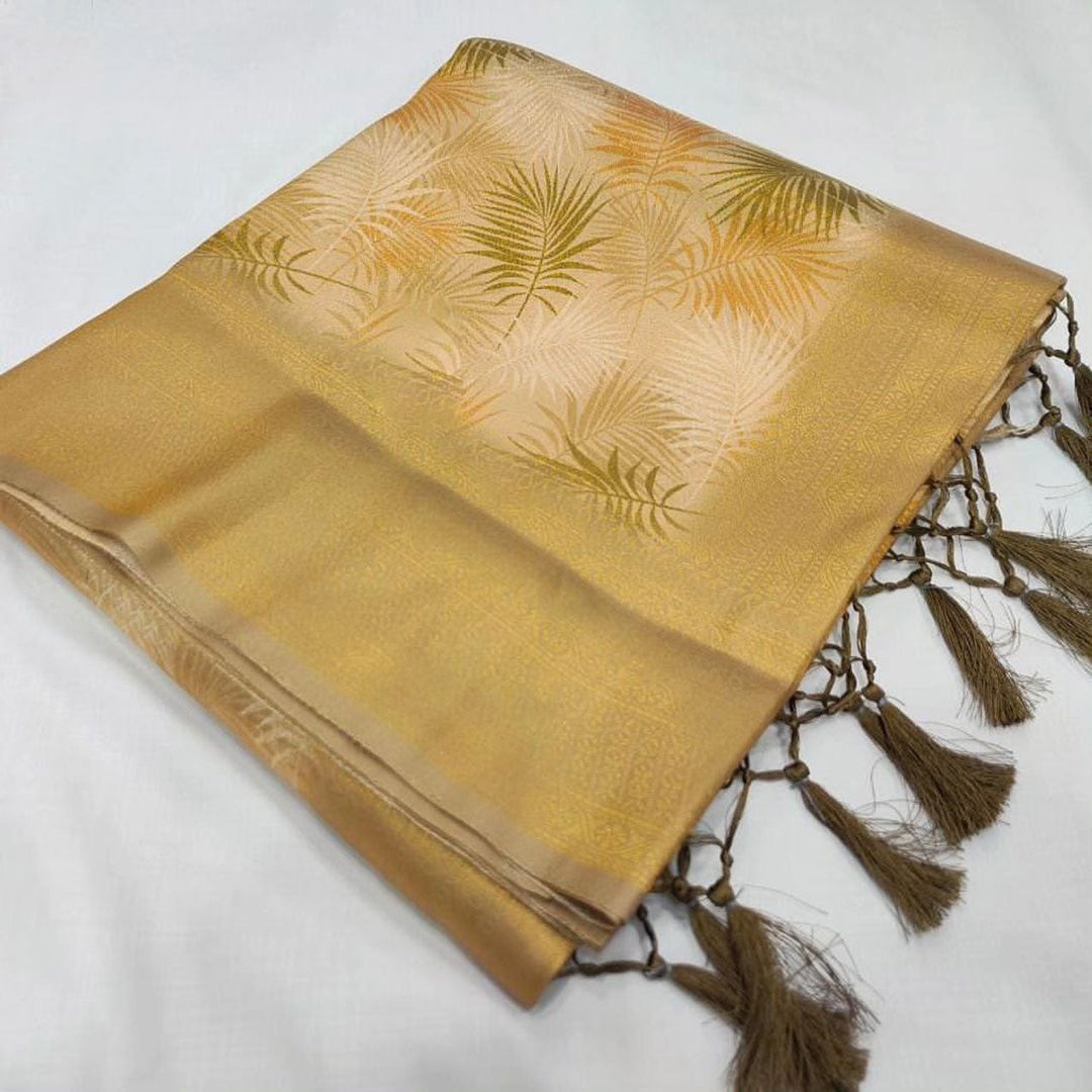 Cream Vibe Soft Silk Saree Featuring Digital Prints And Fancy Blouse