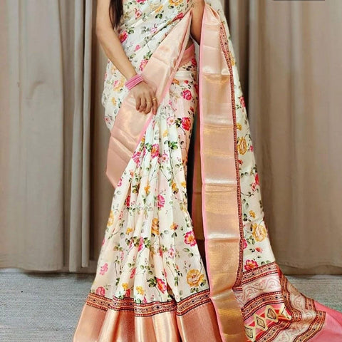 Beige Luxe Bloom Digital Printed Kota Silk Saree