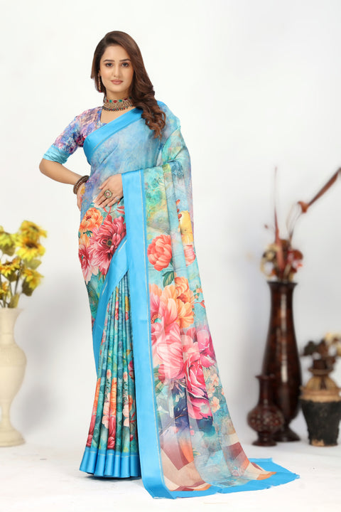 Elegance Redefined The Georgette Silk Cyan Saree