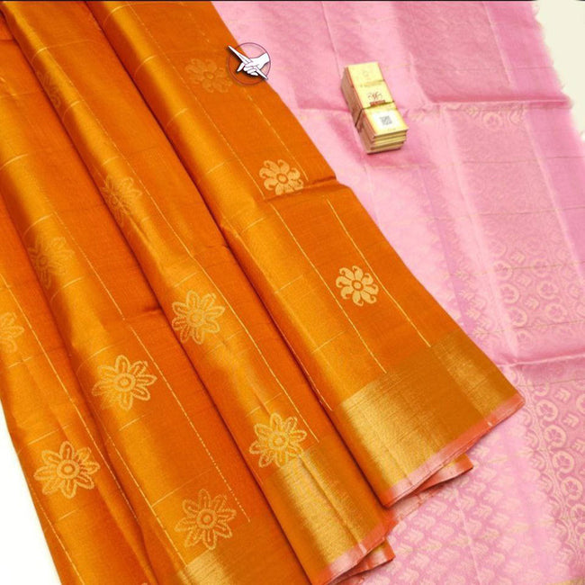 Threaded Majesty Artistic Orange Kanchi Silk Work Saree