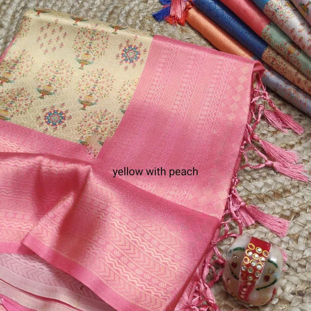 Sangeet Wear Soft Silk Digital Printed Yellow Color Saree