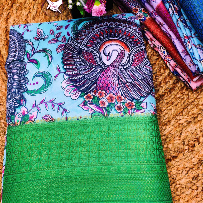 Sea Green Color Nylon Digital Printed Beautiful Saree
