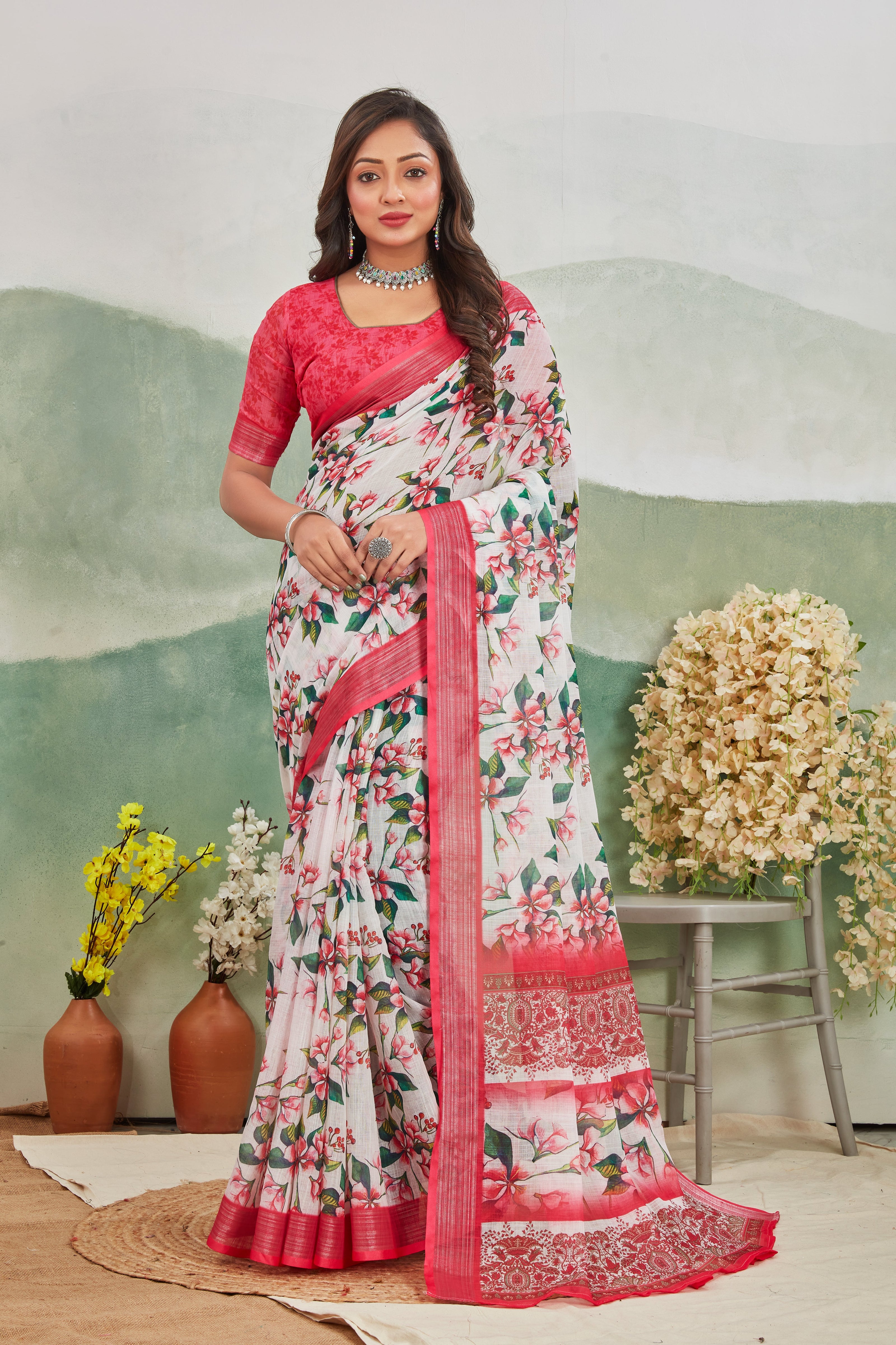 Off White Linen Digital Print Saree