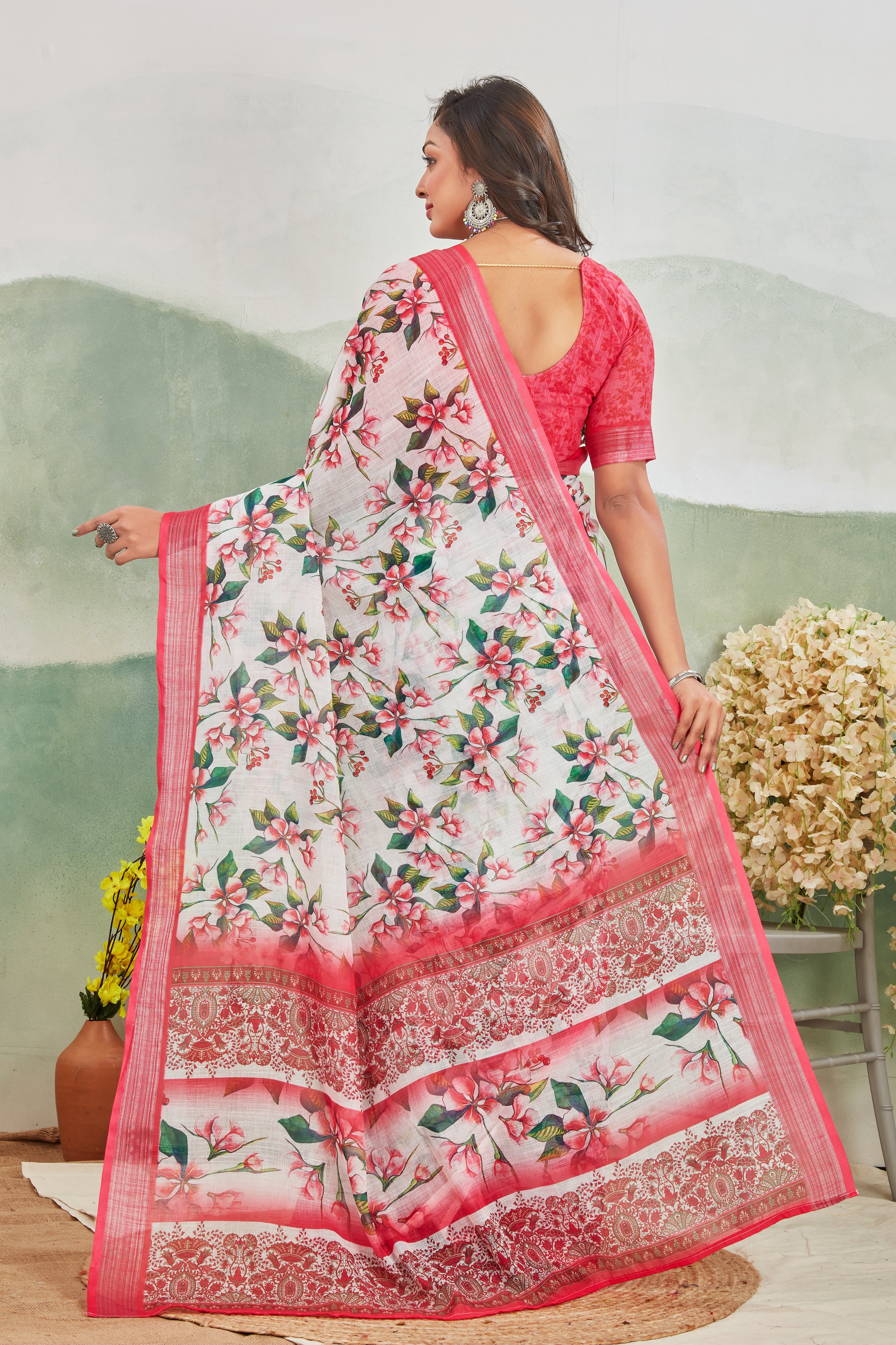 Off White Linen Digital Print Saree