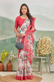Off White Linen Digital Print Saree