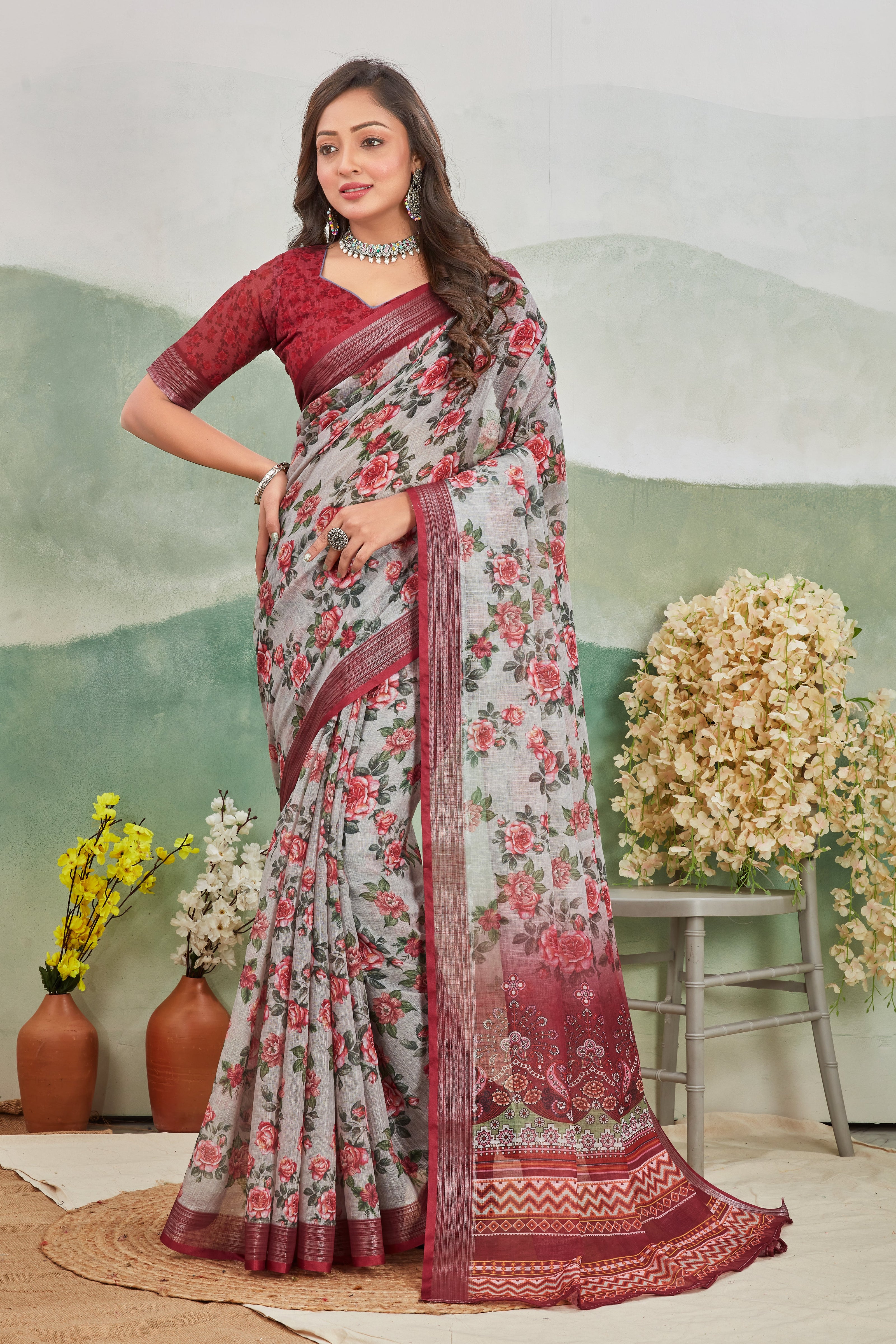 Stylish Linen Floral Printed Grey Saree For Women