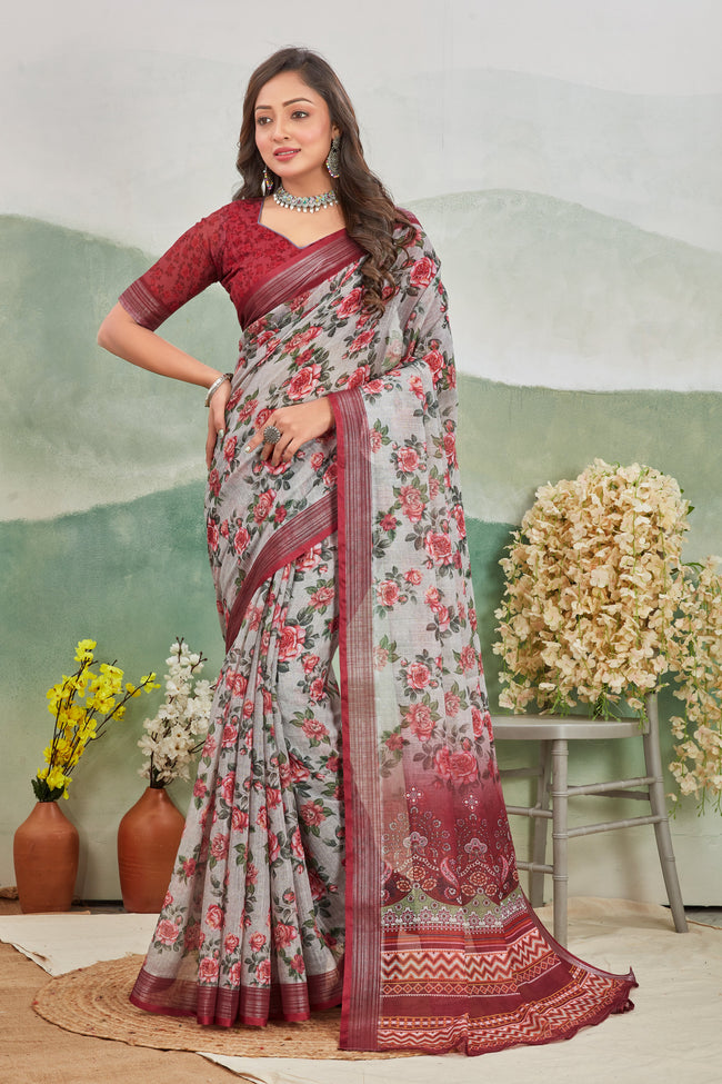 Stylish Linen Floral Printed Grey Saree For Women