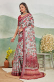 Stylish Linen Floral Printed Grey Saree For Women