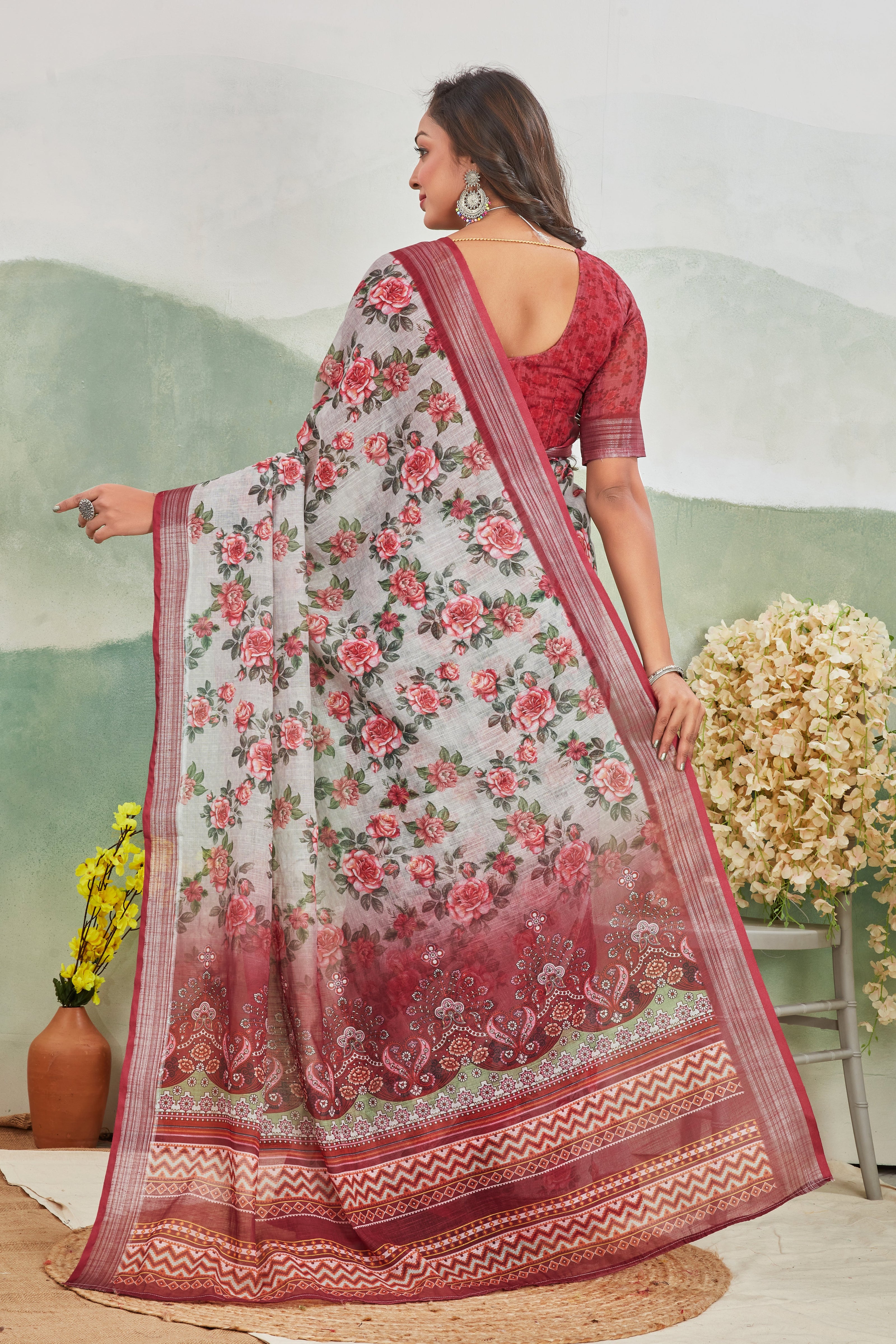 Stylish Linen Floral Printed Grey Saree For Women