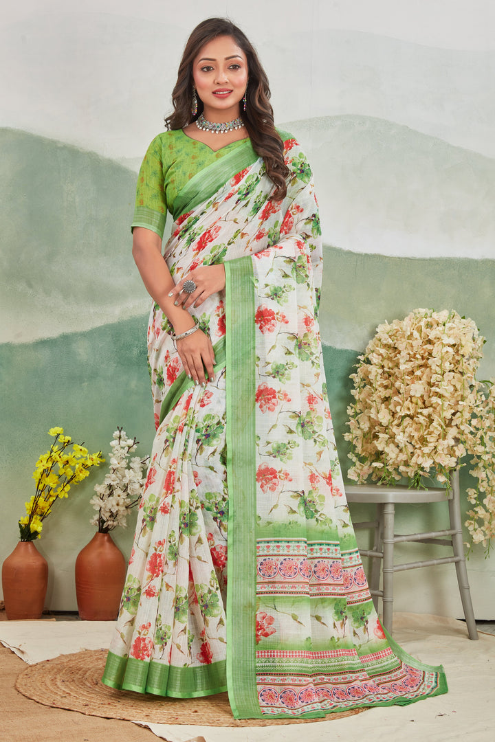 Womens Digital Printed White Saree With Blouse