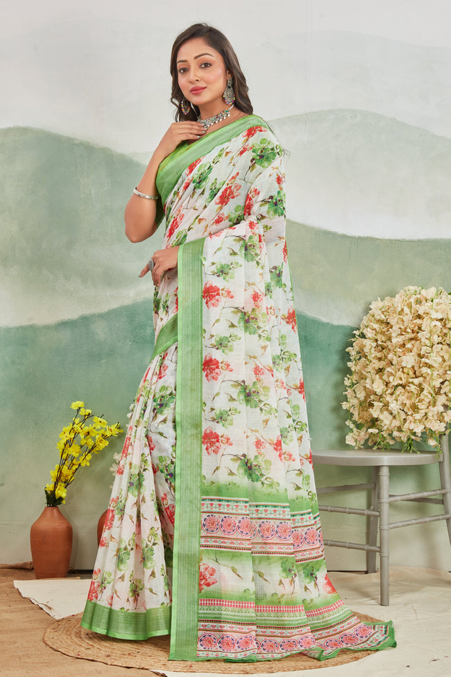 Womens Digital Printed White Saree With Blouse