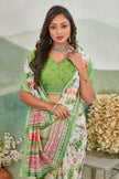 Womens Digital Printed White Saree With Blouse