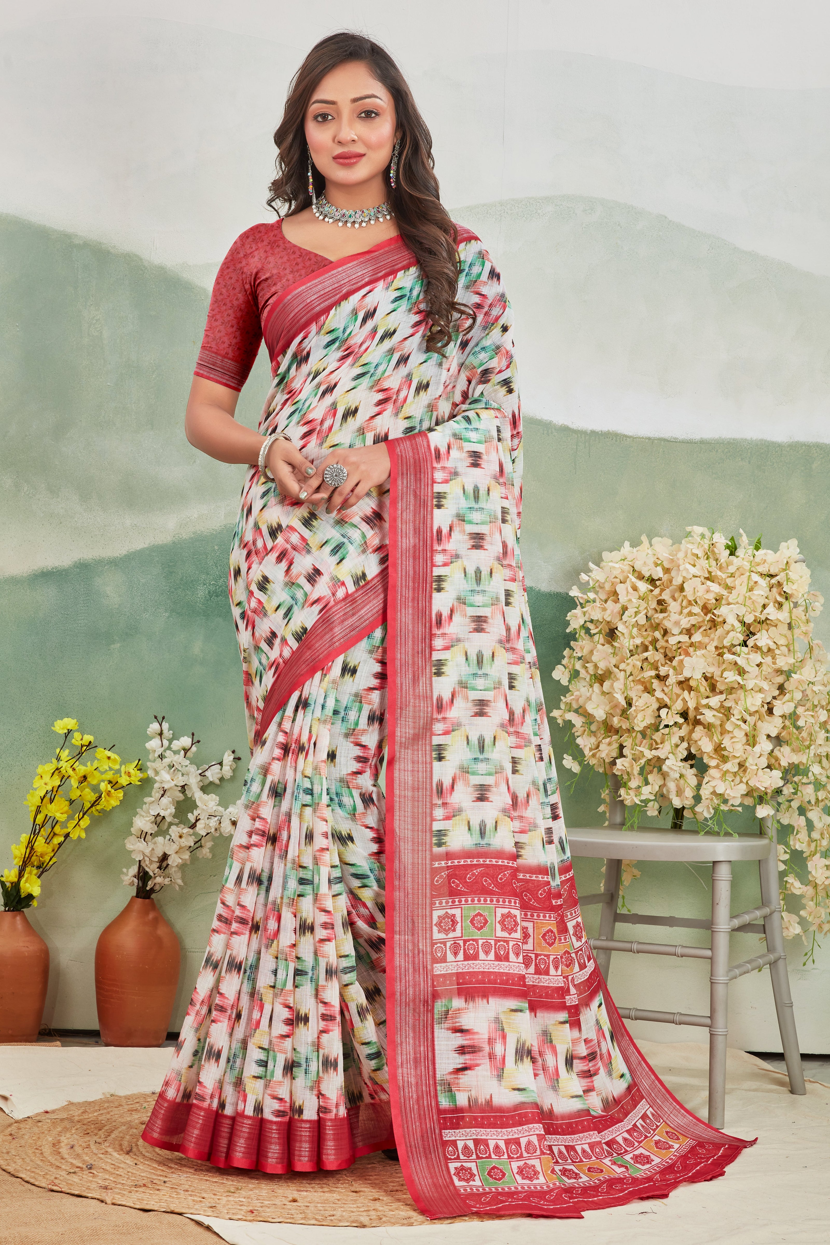 Luxurious Linen Digital Print Multicolor Saree With Blouse