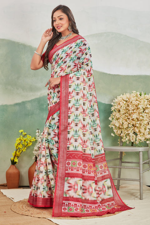 Luxurious Linen Digital Print Multicolor Saree With Blouse