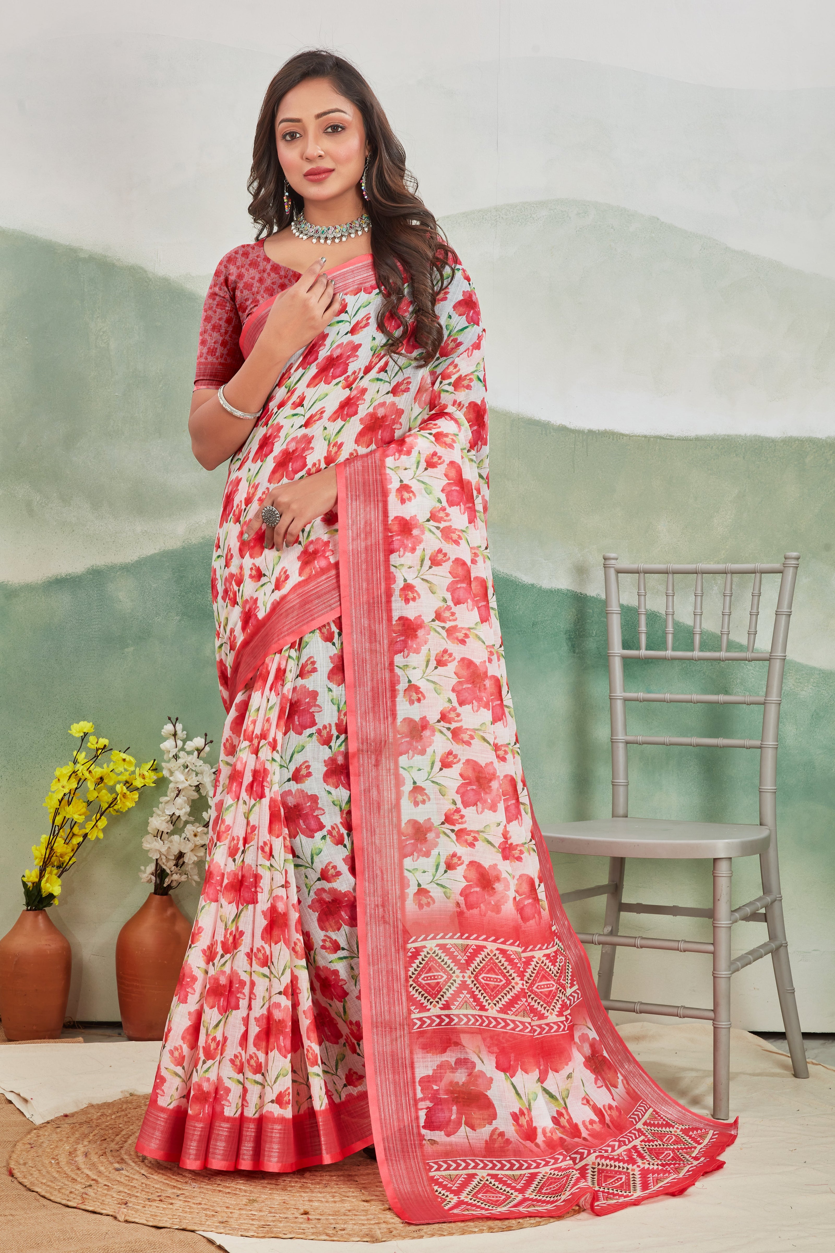 Red And Beige Digital Print Linen Saree
