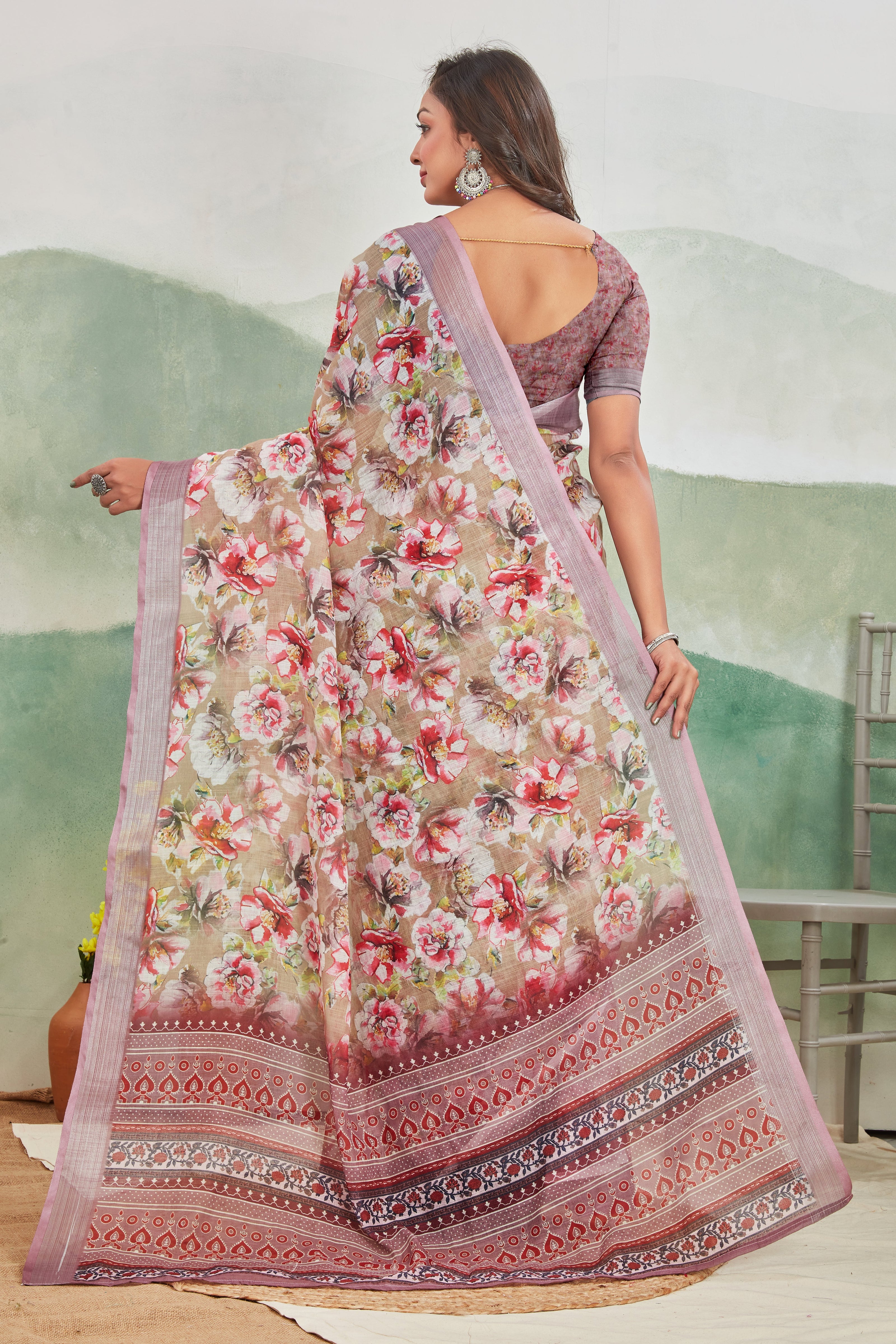 Soft Beige With A Gorgeous Nature Inspired Print Linen Saree