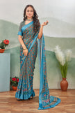 Safar Grey Digital Printed Viscose Satin Saree With Fancy Blouse