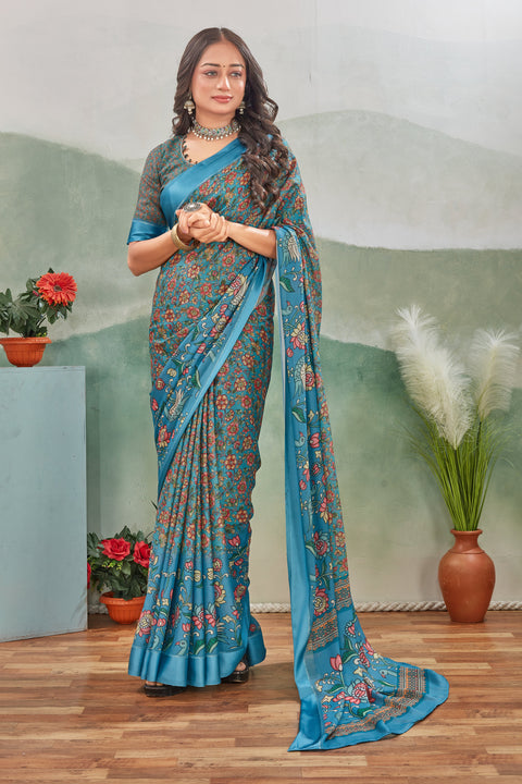 Safar Grey Digital Printed Viscose Satin Saree With Fancy Blouse