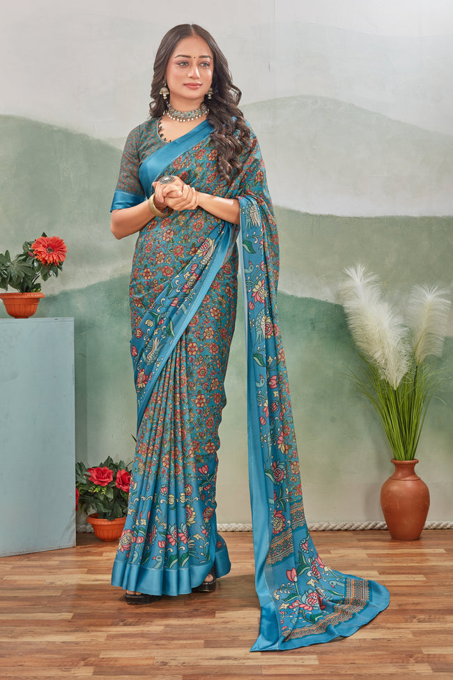 Safar Grey Digital Printed Viscose Satin Saree With Fancy Blouse