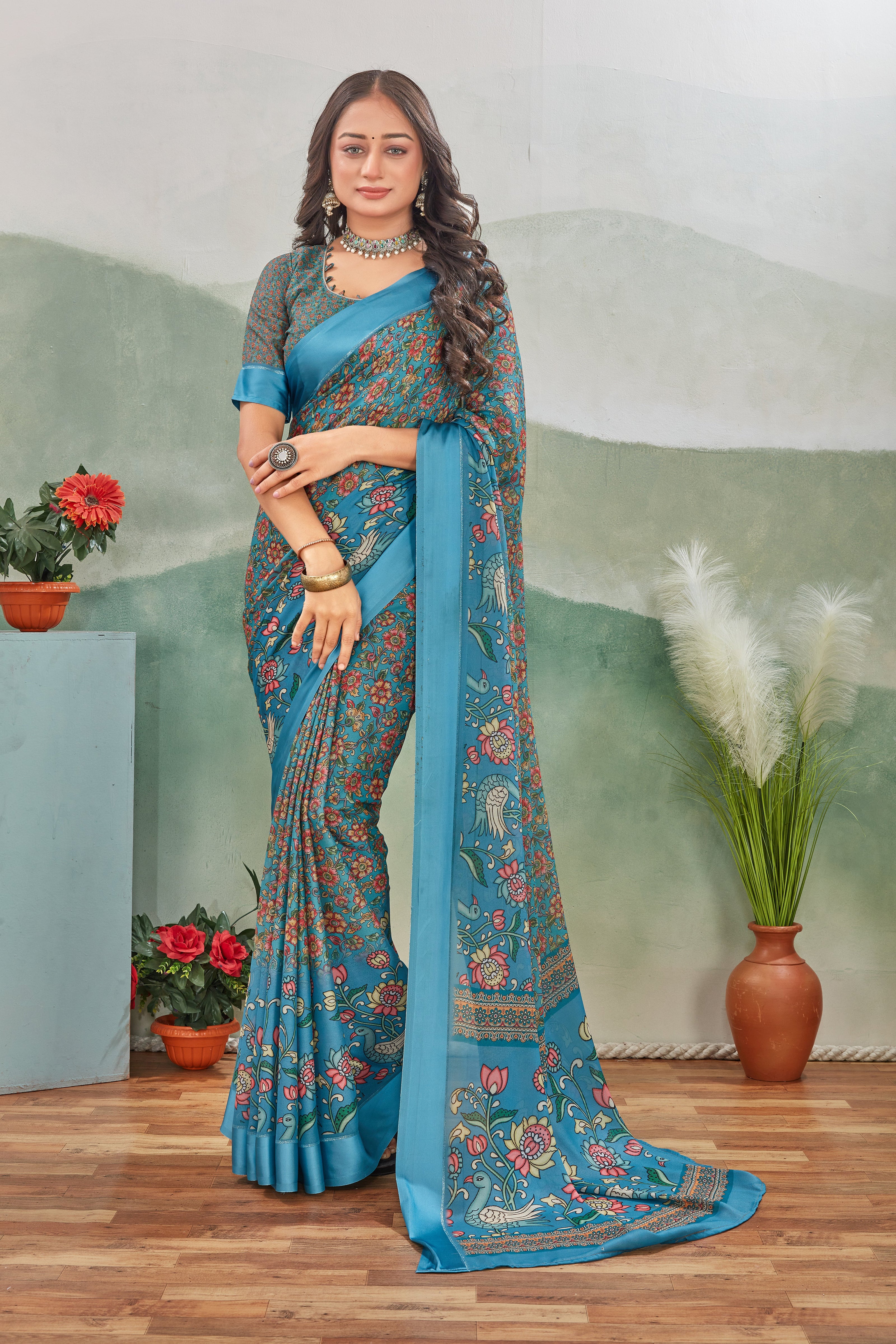Safar Grey Digital Printed Viscose Satin Saree With Fancy Blouse