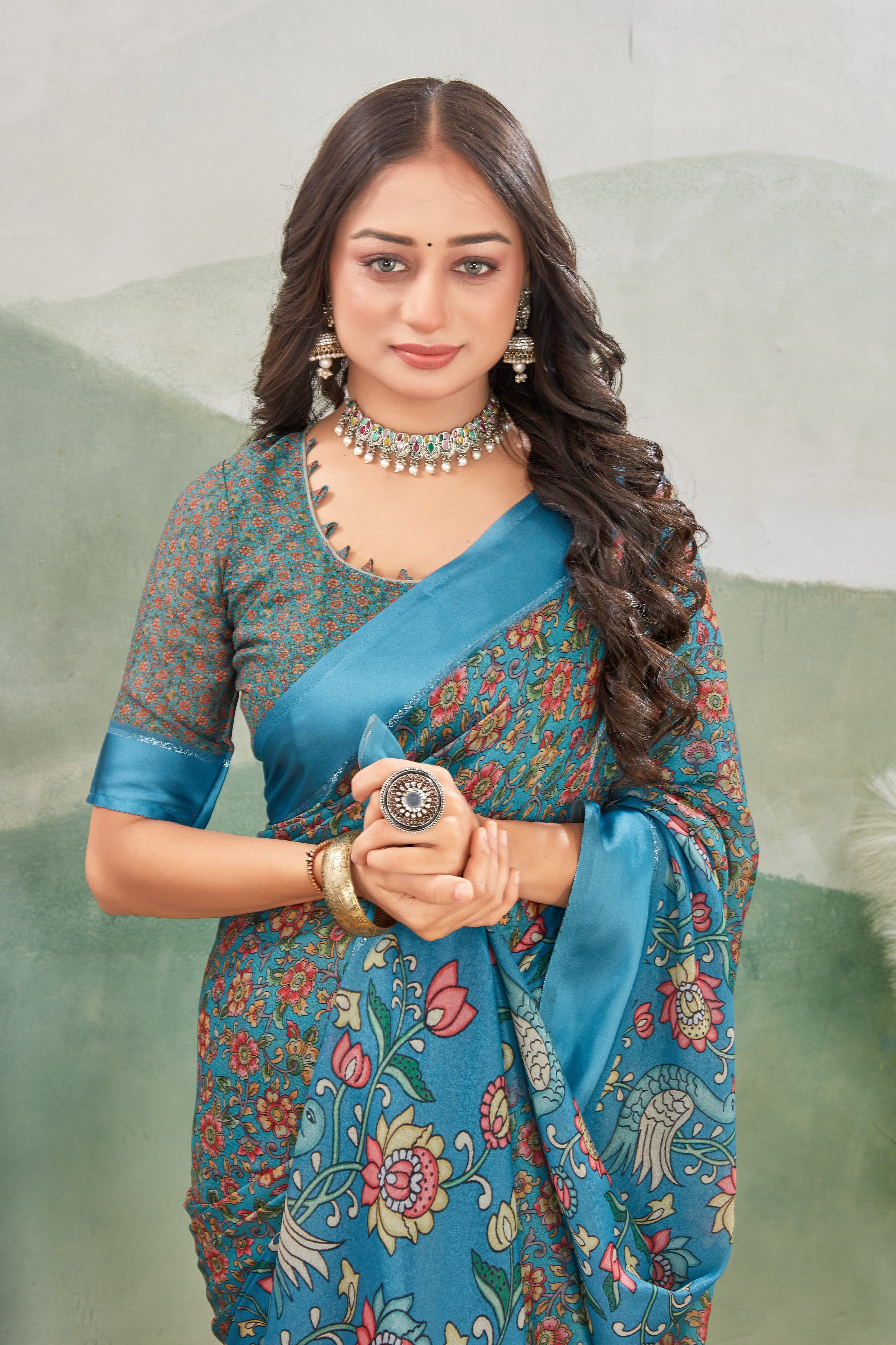 Safar Grey Digital Printed Viscose Satin Saree With Fancy Blouse