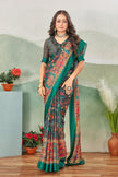 Elegant Teal Digital Print Satin Saree With Blouse