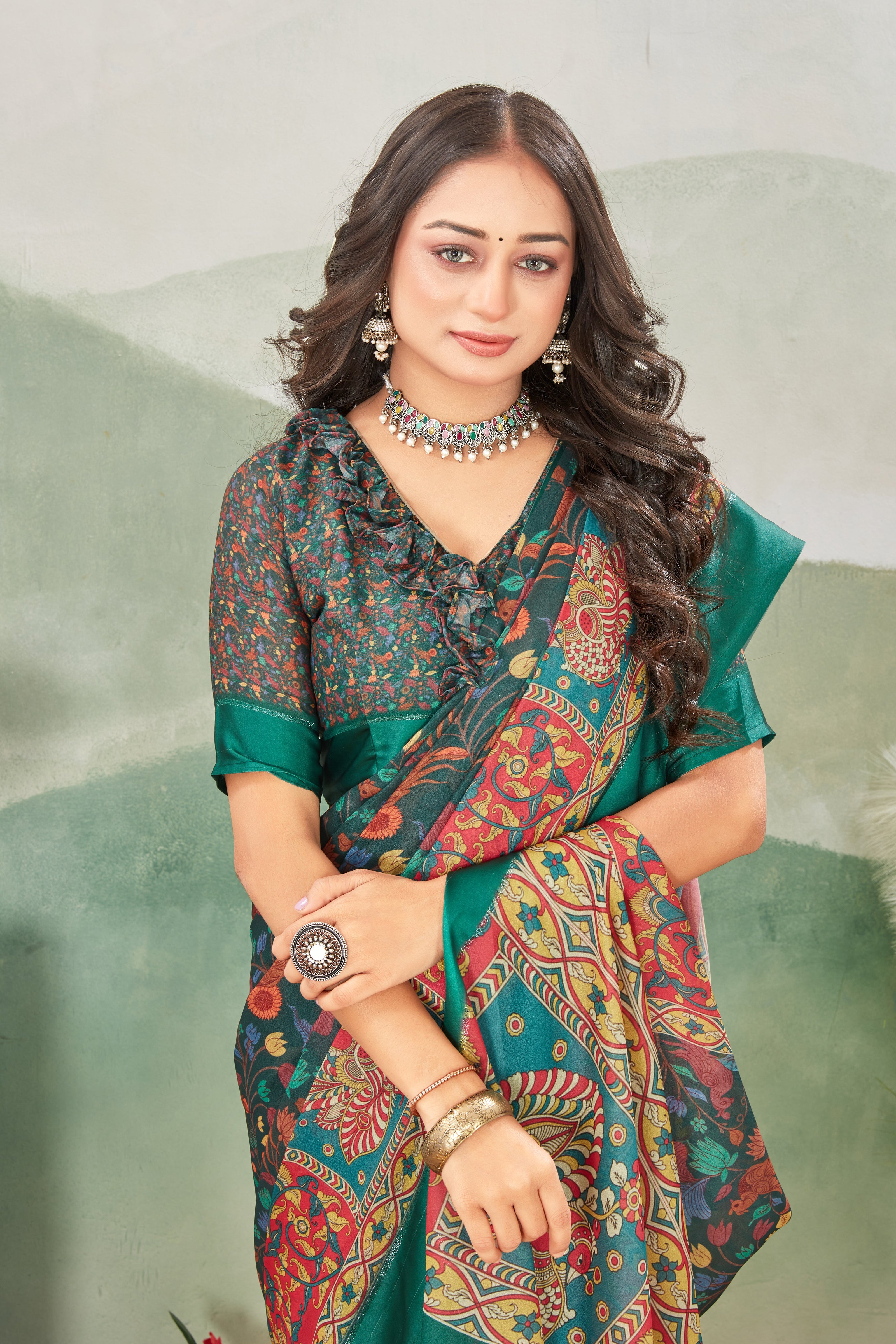 Elegant Teal Digital Print Satin Saree With Blouse