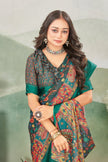 Elegant Teal Digital Print Satin Saree With Blouse