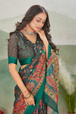 Elegant Teal Digital Print Satin Saree With Blouse