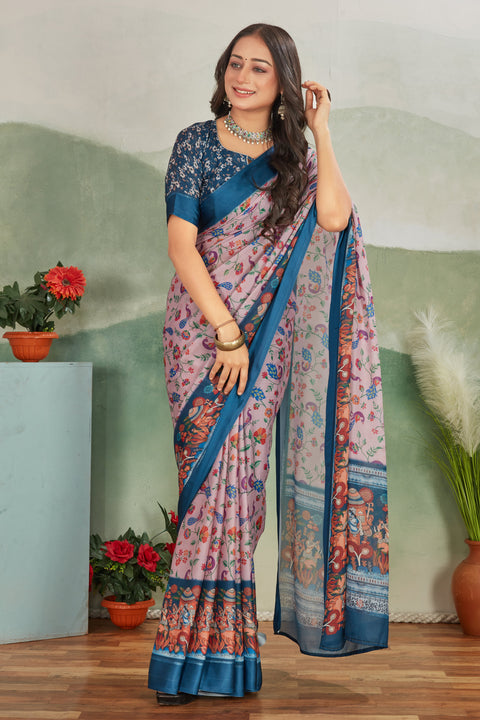 Pink Digital Print Viscose Satin Saree