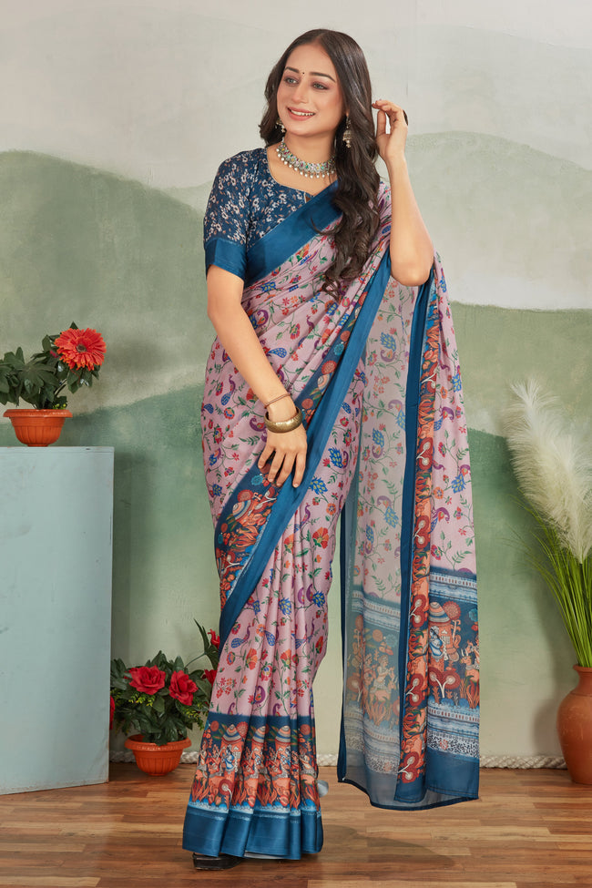 Pink Digital Print Viscose Satin Saree