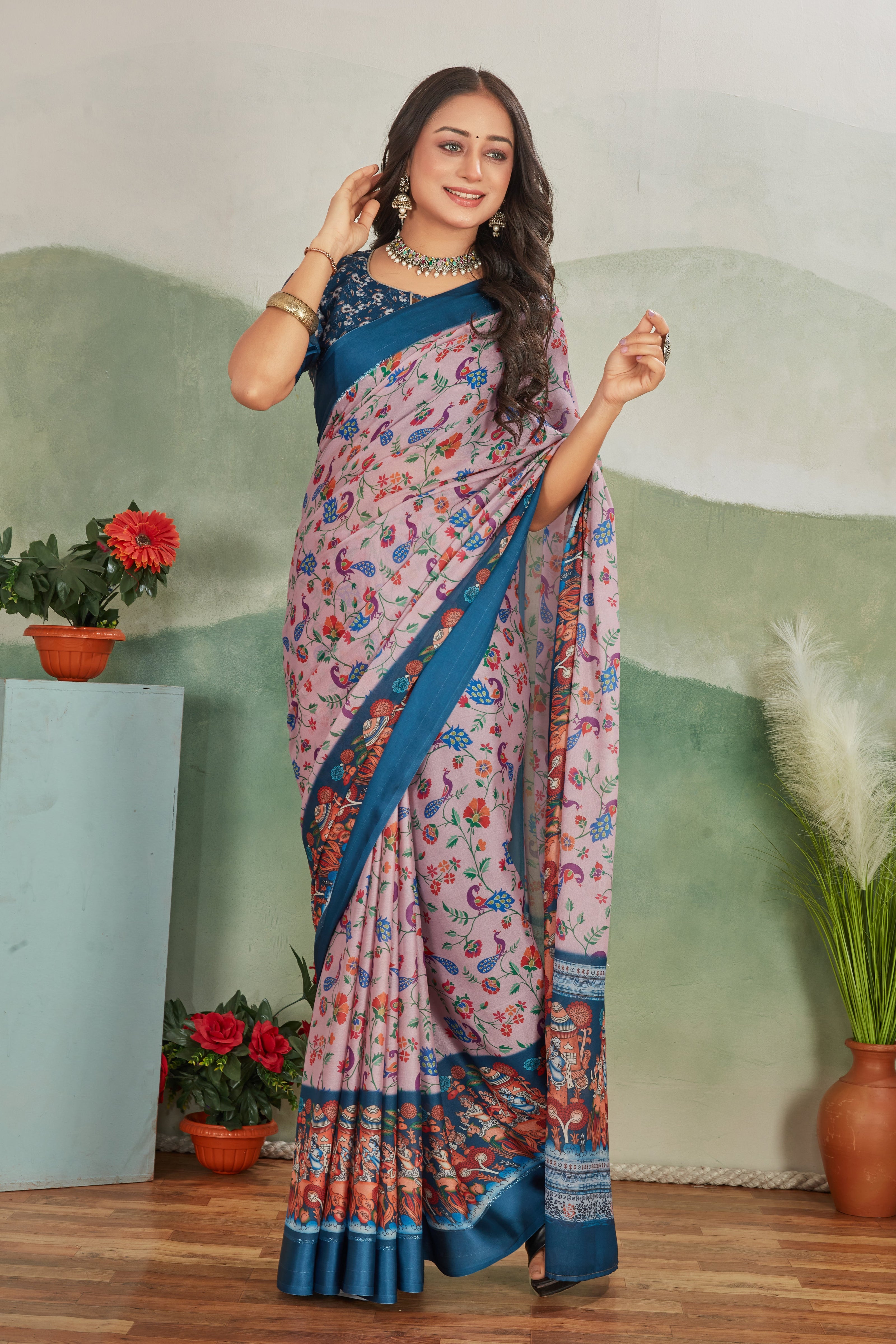 Pink Digital Print Viscose Satin Saree