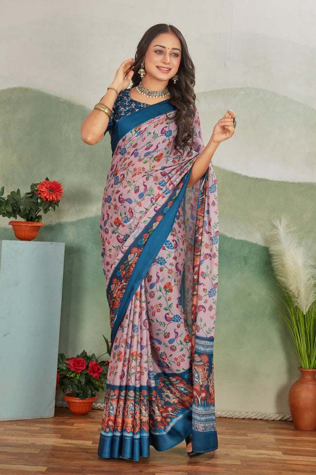 Pink Digital Print Viscose Satin Saree